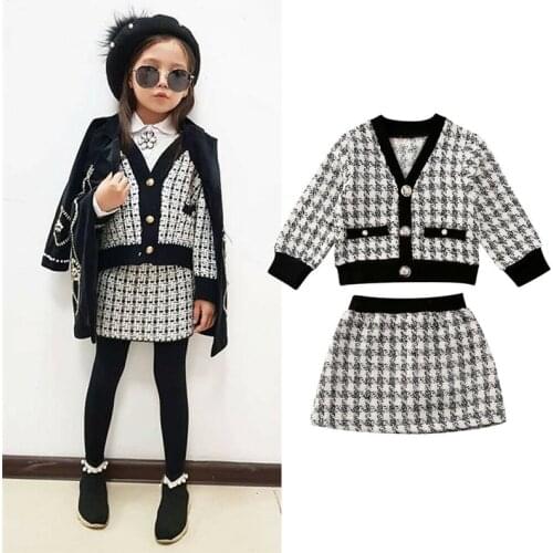 Winter Girls Fashion Clothing Set childrens Jacket Dress 2 pieces Suit For Baby Plaid Coat Outfit Autumn Kids pretty clothes