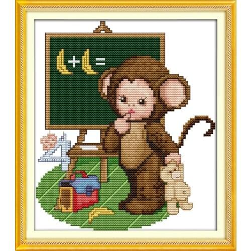 The little monkey learning maths cross stitch kit 14ct 11ct count print canvas stitches embroidery DIY handmade needlework plus