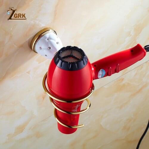 ZGRK Bathroom Chrome Brass Finish Wall Mounted Hair Dryer Stand Hotel Shelves Shelf Storage Hairdryer Rack Hanger
