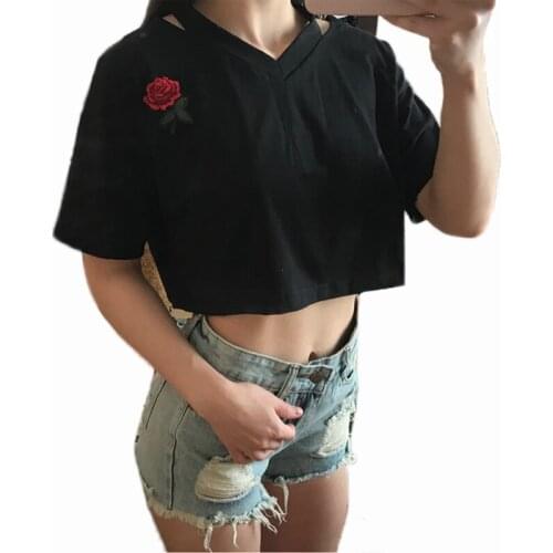 New Women Short T Shirt Summer Fashion Sexy Hollow Out Short Sleeve Casual Harajuku Crop Top Rose Embroidery T-shirts Femme