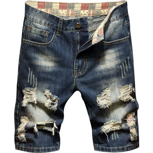 2021 Summer New MenS Trend Hole Denim Shorts Business Classic Casual Loose Straight-Leg Jeans Male High-End Brand Slim Pants