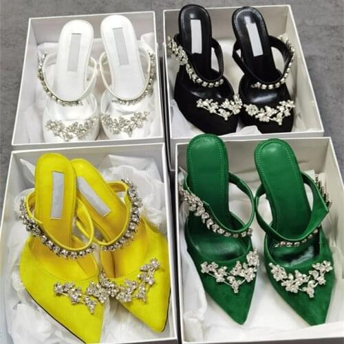 Summer fashion women sandals Slippers Female black suede crystal Ponin toe High heels Mules Slides Casual Slippers Shoes