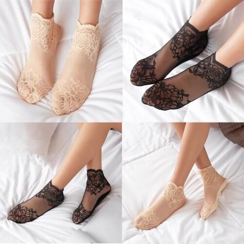 Sexy Lace Transparent Short Socks for Women Girl 2021 Embroidered Nylon Solid Color Silk Floral Sox Spring Summer Mesh Sock