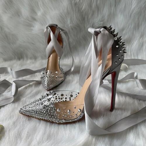TOMONYE silver crystal spikes stud transparent PVC silk ribbon bandaged women lady 12cm 100mm high heel shoes pump on sale