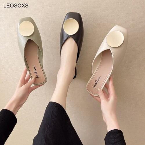 Womens Summer 2021 New Fashion Casual Fairy Style Soft Bottom Baotou Half Slippers Lazy Round Buckle Flat Slippers