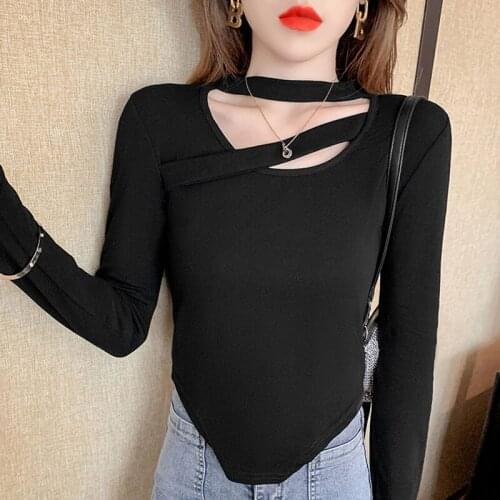 Spring Black Long Sleeve T Shirt Women Slim Korean Fashion O-neck T-shirt Woman Soild Casual Cotton Tee Shirt Femme T-shirt Tops