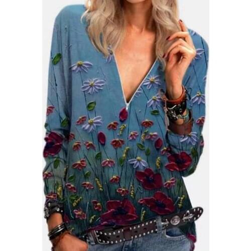 Womens Gothic T-shirt Long Sleeve Flowers Printing Leisure Time V-neck Tops Elegant T-shirt Harajuku T-shirt Топ Plus Size 2021