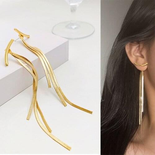 Vintage Gold Color Bar Long Thread Tassel Drop Earrings for Women Glossy Arc Geometric Korean Earring Fashion Jewelry 2020 New