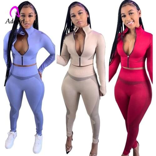 Fitness Women 2 Piece Set Solid Long Sleeve Zipper Fly Crop Top + High Waist Skinny Jogger Pants 2021 Autumn Workout Activewear