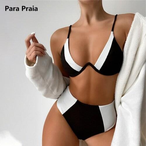 Para Praia 2021 Black White Patchwork Bikini Set Push Up Bikini Women Swimsuit Sexy Bandage Swimwear High Waist Swimsuit Summer