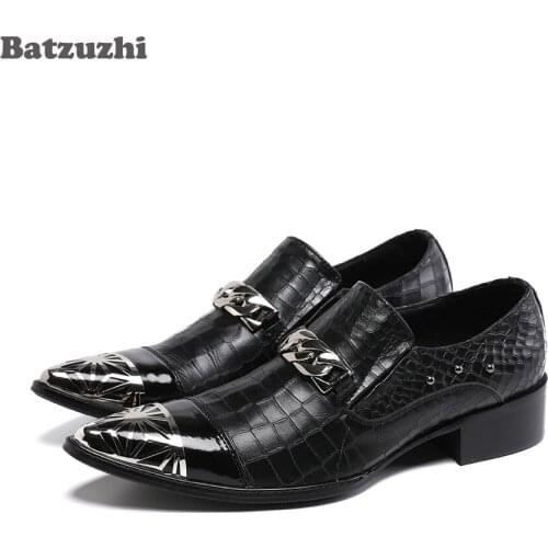 Batzuzhi Fashion Mens Dress Shoes Vintage Metal Pointed Toe Black Genuine Leather Shoes Men Business Chaussure Homme Big Size 46