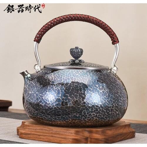 Ag999 Sterling Silver Teapot Hand-Carved Kitchen Utensils Handmade Coffee Tea Pot