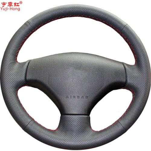Yuji-Hong Artificial Leather Car Steering Coves Case for Peugeot 206 207 Hand-stitched Black Wheel Cover