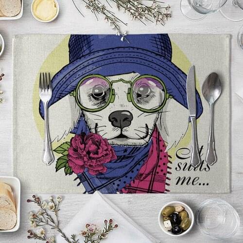 Home Decor Dining Table Mat Kitchen Accessories Puppy Cat Art Striped Print Western Placemat Placemat Kitchen Placemat