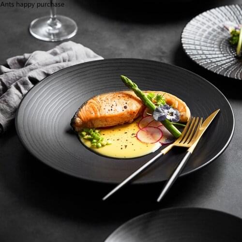 European Black Striped Ceramic Dinner Plate Restaurant Hotel Tableware Set Salad Steak Pasta Plate Kitchen Utensils Porcelain