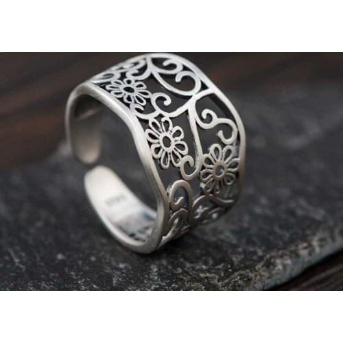 FNJ 925 Silver Matte Hollow Flower Ring Original Pure S925 Sterling Silver Rings for Women Jewelry Open Adjustable Size