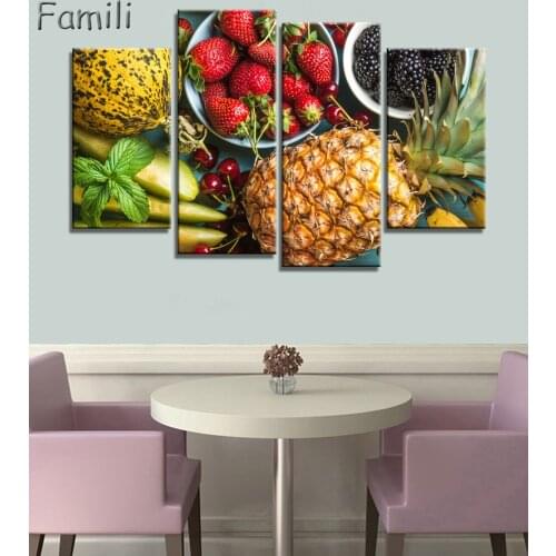 4 Panel Fruit Canvas Painting Cuadros Decoration Wall Art Lemon Strawberry Modular Pictures for Living Room Unframe Dropshipping