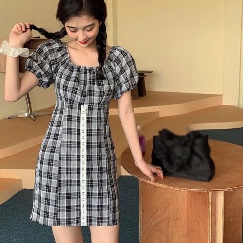 Classic Women Plaid Slash Neck Dress Fashion Slim Sexy Dress Summer Short Sleeves Knee-Length Dress