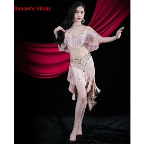 Belly Bance Suit Tassel Bra Diamond-Studded Belt Skirt Performance Clothes Set Female Adult High-end Top Competition Clothing