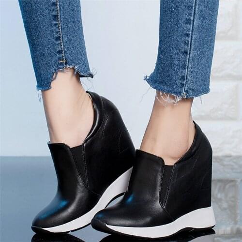 Wedges Fashion Sneakers Women Slip On Genuine Leather High Heel Ankle Boots Female Round Toe Platform Pumps Shoes Casual Shoes