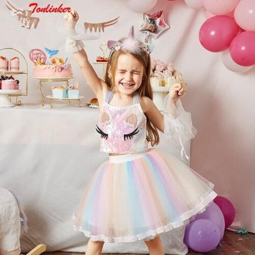 Girls Summer Unicorn Cosplay Clothing Sets Kids Sequined Tshirts Rainbow Tutu Skirt Suit Baby Children Birthday Party Dresses
