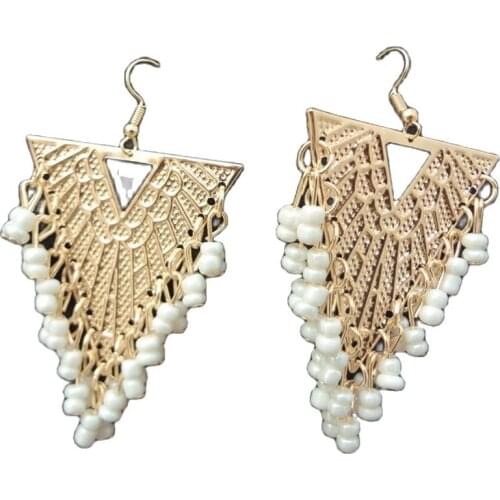Fashion Trendy New Design Dangle Hollow Out Triangle White Beads Earrings For Women
