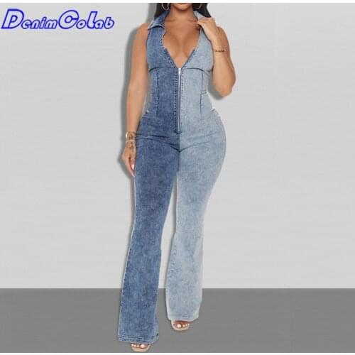 Denimcolab 2021 Fashion Patchwork Denim Jumpsuit Women Elastic Sleeveless With Zipper Contrast Flared Pants Office Lady Rompers