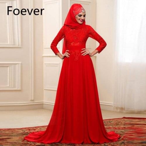 Muslim Red Elegant Evening Dresses Long Sleeves 2019 Evening Gowns With Hijab Appliques Lace Formal Prom Gowns Vestido Longo