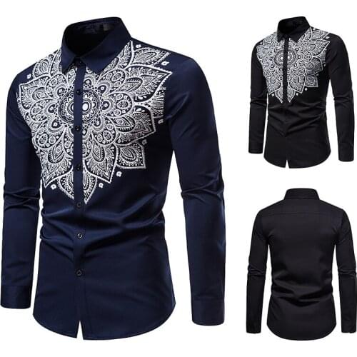 Mens Dress Shirt Fashion totem print shirt Casual Slim Long Printed Shirt Social Shirt
