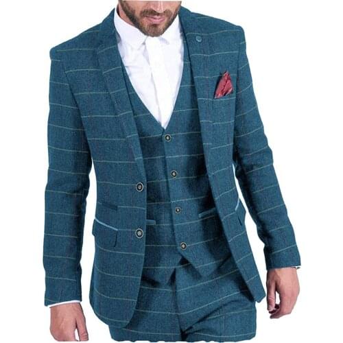 Mens Fashion 3 pieces Mens Suit Plaid Tweed Wool Tuxedos Groomsmen For Wedding(Blazer+Vest+Pants)