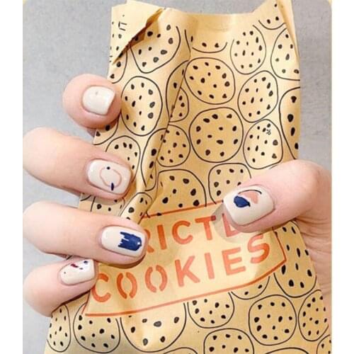 Ins mike white pure color with abstractive pattern fake nails Japanese short size cute false nails lady full nail tips bride