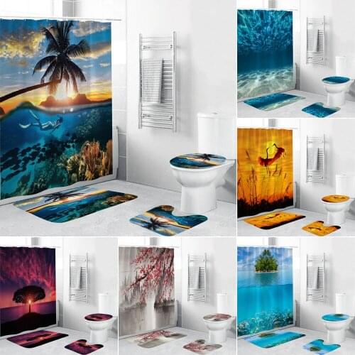 Ocean Diving Girl Bathroom Curtains Sets Purple Seascape Shower Curtain Non Slip Beach Style Toilet Lid Cover Bath Mat Set Rug