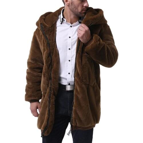 Autumn Winter Men Faux Fur Cotton Fleece Coat Hooded Solid Zipper Long Sleeve Fur Outerwear Male Warm Skin Coat Men Clothing