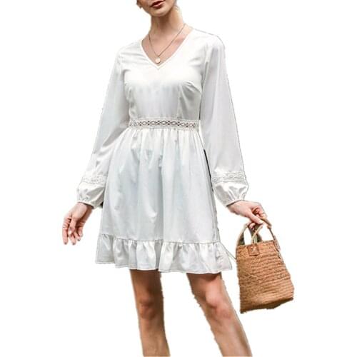 Pdfmily White Patchwork Elegant Fashion Dresses Women Autumn Casual V-Neck Long Lantern Sleeve Back Zipper A-Line Mini Dress
