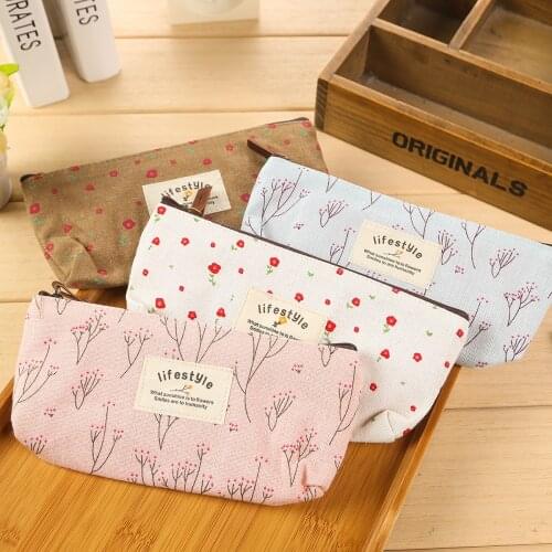 Pencil Bag Cute Kawaii Floral Flower Canvas Zipper Pencil Cases Lovely Fabric Tree Pen Bags School Supplies 1pcs