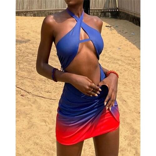 Imcute Summer Gradient Color Print Women Dress Party Club Off Shouler Hollow Out High Waist Backless Cross Lace-up Halter Dress