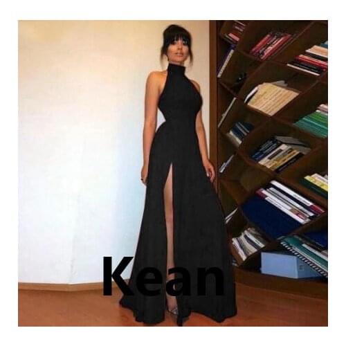 High Neck High Slit Evening Dresses Simple Satin robe de soiree Evening Gowns Prom Dress Vestidos De Festa