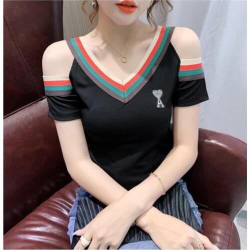 Grade New Summer Striped Embroidery Womens Designer Strapless Shirts With Short Sleeve Casual Tops Fashions Women Clothing 2021