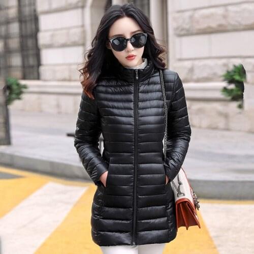 Slim Solid Womens Winter Long Down Jacket Plus Size Oversized Stand Collar Office Ladies Thin Down Coat Female 2020 Overcoat