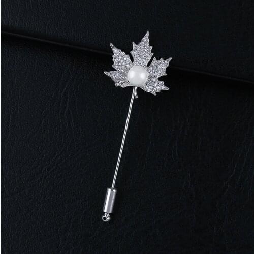 European And American New Style Crystal Maple Leaf Brooch For Men, Elegant Temperament, Lady Pin-Type Sweet Pearl Brooch