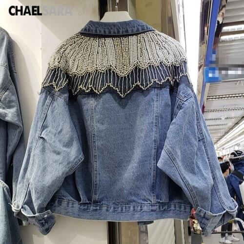 2020 Spring Autumn Beading Denim Jacket Women Streetwear Style Luxurious Diamonds Loose Ladys Jean Coat