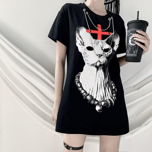 Long Gothic Cat T-shirt Summer Women Short Sleeve T Shirt Grunge Graphic Tshirt Tee Top Clothes Black Goth Clothing
