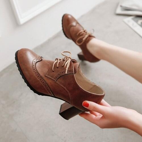 Autumn Women Oxford Lace Up Shoes Vintage Round Toe Women Ankle Boots England Style High Heels Ladies Chaussure Femme Size 34-43