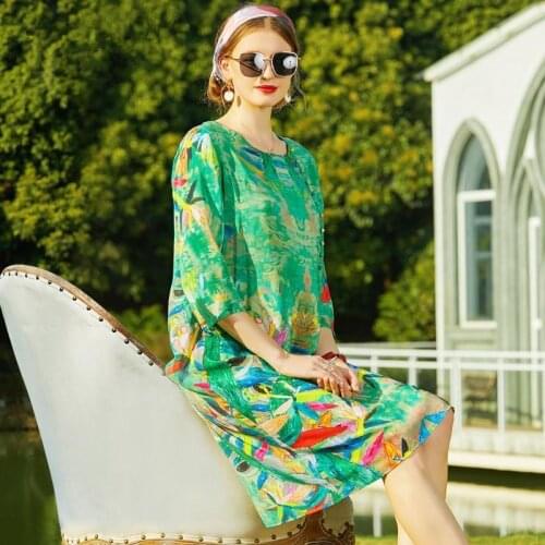 Print Mulberry Silk Dress Summer Sundress Vintage Plus Size Short Sleeve Dress Casual Beach Midi Dress Elegant Women Vestidos
