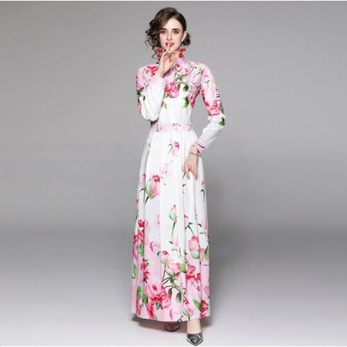 New Autumn Elegant Flower Womens Shirt Collar Full Sleeve Single-Breasted Floral Printed Slim Office Party Dresses Vestidos