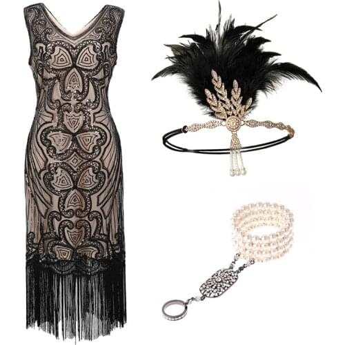 Womens 1920s Gatsby Flapper Fringe Dress V Neck Beaded Sequin Dress (Pink/black/red/apricot) S-XXL