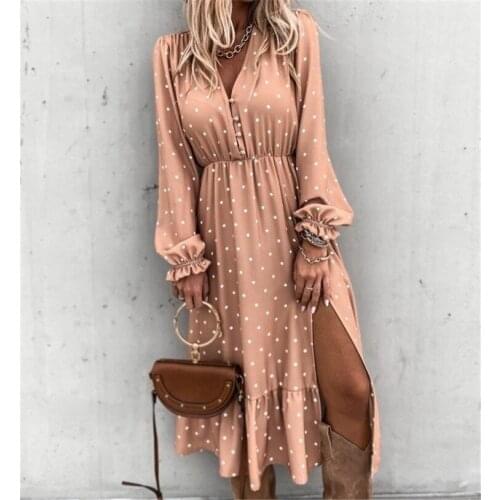 Womens 2021 Spring V-neck Ear Clip Polka Dot Su Fold Printed Long Sleeve Dress Autumn Women Dresses