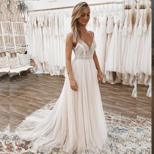 Princess Wedding Dress Bohemian Rustic Boho Civil Sweep Train Bridal Gown Sleeveless Spaghetti Strap Beach Elegant For Women