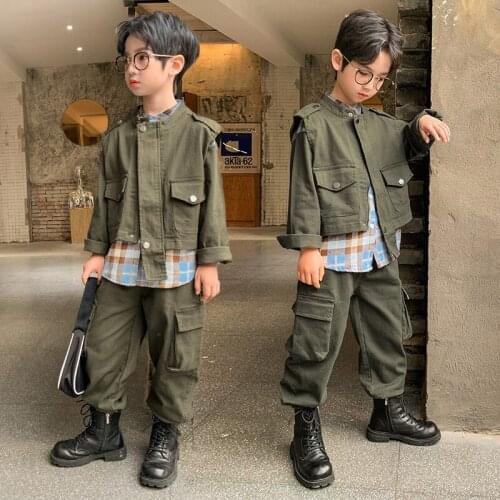 Boys spring / autumn frock suits plaid shirt + jacket + pants 3pcs sets of new big virgin Kids