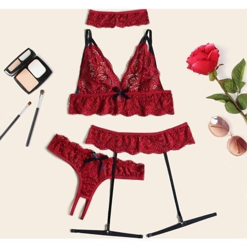 New 4pcs Lingerie Sexy Bra Set Womens Lace Sling Bra Bandage Thong Garter Sleepwear Sexy Tow Hook Underwear Lingerie Sets